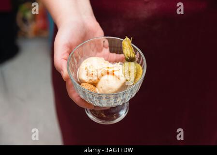 Glasschale mit Vanilleeis, garniert mit Physalis und Keks, von Hand gehalten in eleganter Präsentation. Stockfoto