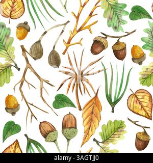 Nahtloses Aquarellmuster. Äste, Nüsse, Eicheln, grüne Blätter, Beeren, Waldpflanzen, alle Objekte sind mit Aquarell bemalt. Zum Drucken Stockfoto