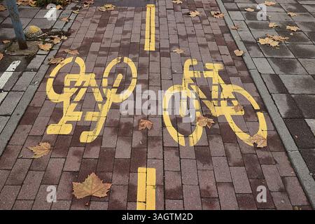 Fahrradspurschilder auf einer Stadtstraße Stockfoto