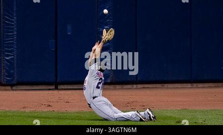 30. Juni 2009 - Milwaukee, WI. Miller Park..New York Mets Center Fielder Fernando Martinez #26 rutscht aus und verpasst diesen Fliegenball..Milwaukee Brewers gewann die New York Mets 6-3..Mike McGinnis / CSM (Credit Image: © Mike McGinnis/Cal Sport Media/ZUMA Press) Stockfoto