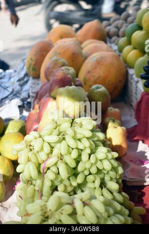Farbenfrohe Auswahl an frischen Früchten wie Trauben, Papaya und Zitrusfrüchten, wunderschön auf einem lebhaften Markt während der Nachmittagsstunden angeordnet. Stockfoto