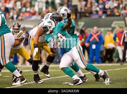 1. November 2009: Delphins' Running Back Ricky Williams (34) versucht im Giants Stadium in East Rutherfords, New Jersey, während eines NFL-Spiels zwischen den New York Jets und den Miami Dolphins zu gewinnen. Die Dolphins besiegten die Jets 30-25. (Bild: © Duncan Williams/Cal Sport Media/ZUMA Press) Stockfoto