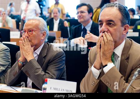 Der österreichische MdEP Hannes SWOBODA (L) und der spanische MdEP Francisco Jose MILLAN MON vor der Sitzung des Ausschusses für auswärtige Angelegenheiten im Europäischen Parlament in Brüssel, Belgien am 21. 07. 2009 Â von Wiktor Dabkowski (Credit Image: © Wiktor Dabkowski/ZUMA Press) Stockfoto
