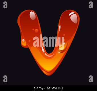 Flüssiger Honigcartoon Schriftart Buchstabe V. flüssiges Süßigkeitentypeset Zeichen, leckerer Karamell Vektor englischer Alphabet Buchstabe. Gelbes Honigschriftsymbol oder süßes Bernsteinfarbiges ABC-Element Stock Vektor
