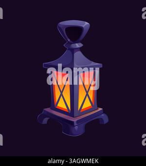 Glühende Piratenlaterne in Zeichentrick mit dunklem Metallrahmen und warmem Licht. Die antike Vektorlampe weckt Geheimnisse, Abenteuer und maritime Entdeckungen, Schatzsuche, Geisterschiff oder mittelalterliches Fantasy-Spiel Stock Vektor
