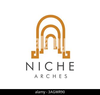 Nischenbogen-Symbol. Modernes und minimalistisches Vektor-Emblem mit einem Bogen in warmen Brauntönen, das antike Architektur und Boho-Design repräsentiert und Raffinesse und strukturelle Ästhetik vermittelt Stock Vektor