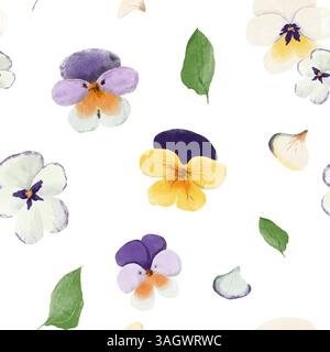 Nahtloses Aquarellmuster mit handgezeichneten Bratschen (Stiefmütterchen), Blüten und grünen Blättern. Gelb-, Violett-, Creme- und Orangetöne. Ideal für Gewebe Stockfoto
