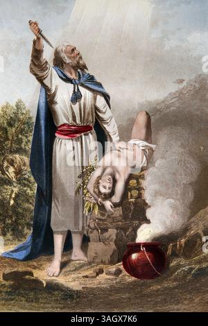 Illustration des Prozesses über Abrahams Glauben - Abraham bietet Isaak aus der antiken Bibel des 19. Jahrhunderts an Brown's Self-Interpreting Family Bible c Stockfoto