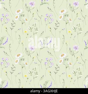 Nahtloses Blumenmuster aus Wildblumen Kamille, Glockenblume, Butterblume, Mäuseerbse und Gräsern auf hellgrünem Hintergrund. Handgezeichnete Wiesenblumen gelb und lila für Textildruck, Verpackung, Karte. Stockfoto