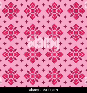 Dieses Muster ist eine zarte Verschmelzung von tribaler Eleganz und Bohemian-Charme. Flamingopink Ikat-Blumen sind über einem traumhaften romantischen rosa Hintergrund verteilt. Stockfoto