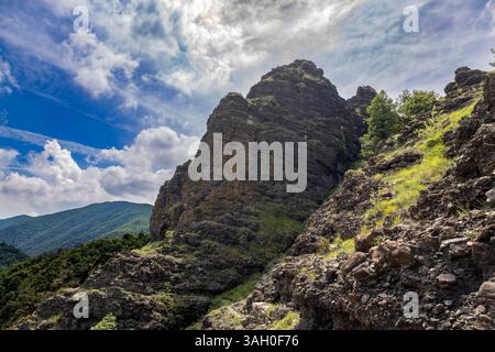 Sedimentgestein in den Schluchten des Garagassa Valley bei Rossiglione in der Provinz Genua, Italien Stockfoto
