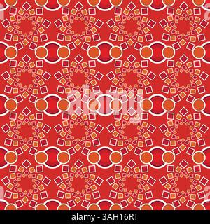 Nahtloses Muster mit geometrischen Ikat-Blüten in Orange- und Rottönen, die vor einem tiefroten Hintergrund leuchten. Seine lebendige Farbpalette und seine dekorativen Elemente Stockfoto