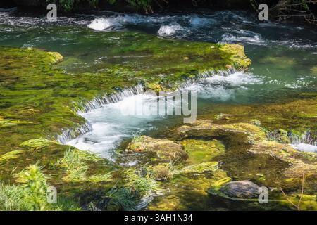 Dieses ruhige Bild zeigt Wasser, das sanft über Felsen fällt, die mit lebhaftem grünem Moos bedeckt sind und kleine, malerische Wasserfälle erzeugt. Die Szene ruft eine se hervor Stockfoto