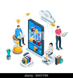 Isometrische Menschen lesen Bücher in der Nähe eines Smartphones mit Bücherregalen auf dem Bildschirm, in Farbe auf weißem Hintergrund, in einer Online-Bibliothek oder einem Buchladen Stock Vektor