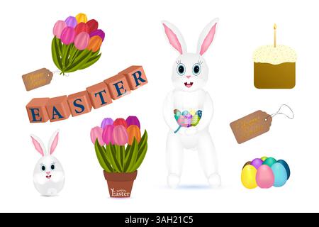Festliches 3D-Clip-Art-Set für Ostern mit einem Osterhasen, bunten Eiern, Topfkaktus und Tulpen, Blumenstrauß und Weihnachtskuchen. Stock Vektor