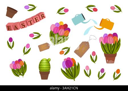 3D-Clip-Art-Set mit Topfkaktus und bunten Tulpen, Blumensträußen, Gießkannen, Osteranhängern und festlichen Elementen des Frühlings. Stock Vektor