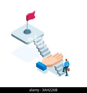 Ein isometrischer Geschäftsmann, der die Schritte zur Flagge klettert, und eine helfende Hand in Farbe auf weiß helfen beim Erreichen des Ziels Stock Vektor