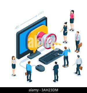 Isometrischer Computer mit Lautsprecher und Geschäftsleuten in Farbe auf weißem Hintergrund, dringende Arbeitsnachricht oder Alarm Stock Vektor