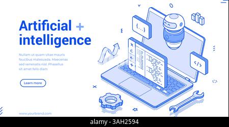 Künstliche Intelligenz Chat GPT Robotertechnologie isometrische Web-Banner monochrome Vektor-Illustration. Digitales Gehirn neuronales Netzwerk bot Mind AI Serv Stock Vektor