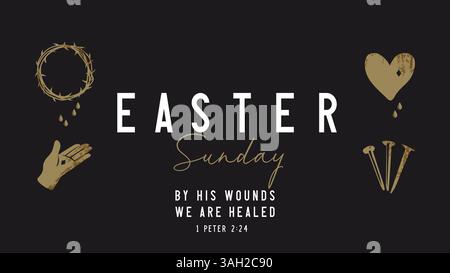 Ostersonntag, durch seine Wunden sind wir geheilt - Grußkartendesign mit Ikonen der Karwoche. Christus ist auferstanden, frohe Ostern - kreatives Kirchenbanner-Design. Stock Vektor