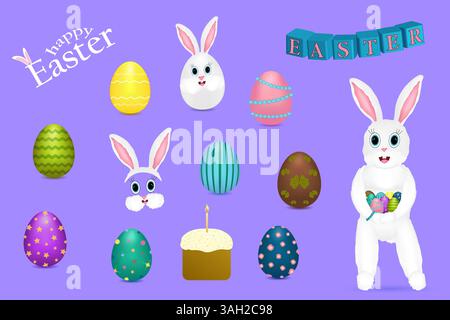 Ein festliches 3D-Clip-Art-Set zu Ostern mit verzierten Eiern, anthropomorphen Charakteren und Gesicht - Osterhasen, Osterkuchen und - Happy Easter - Text. Stock Vektor