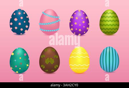 3D-Clip-Art-Set mit verzierten Ostereiern in Pastellfarben bemalt und mit Sternen, Blumen, Zickzack, Wellen, Bögen, Perlen, Streifen und Farbflecken Stock Vektor