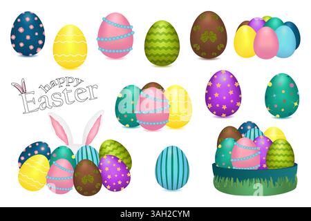 3D-Set mit Ostereiern in Pastellfarben und verschiedenen Mustern, ein Haufen Eier mit Osterhasenohren, die von hinten herausragen. Stock Vektor