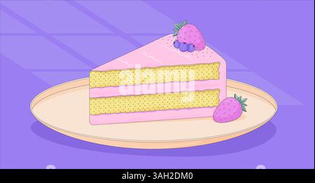 Erdbeerkuchenstück mit Beeren auf Teller Lofi-Tapete Stock Vektor