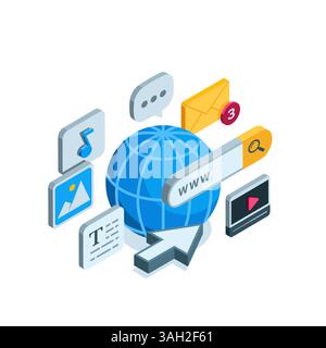 Isometrischer Globus und Cursorpfeil mit einem Suchfeld, in Farbe auf weißem Hintergrund, Symbolen für Arten von Mediendaten und Nachrichten, die im Internet funktionieren Stock Vektor
