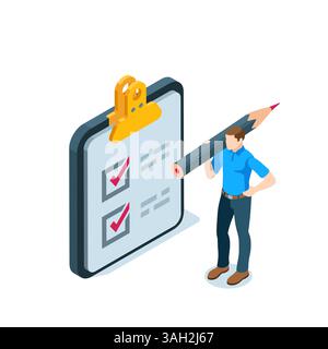 Isometrischer Mann mit Bleistift in der Nähe eines Tablets mit einem Blatt Papier und Häkchen, in Farbe auf weißem Hintergrund, erledigte Aufgabe oder Plan Stock Vektor