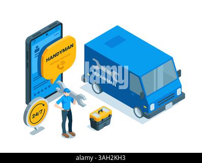 Isometrischer Mann mit Schraubenschlüssel in der Nähe von Auto und Smartphone mit farbiger Nachricht auf weißem Hintergrund, Handwerker-Reparaturservice Stock Vektor