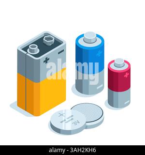 Isometrischer Satz von Batterien in Farbe auf weißem Hintergrund, Netzteile für kompakte Geräte oder verschiedene Batterietypen Stock Vektor