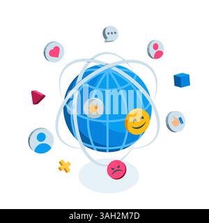 Isometrischer Globus und fliegt um Symbole und Emoticons in Farbe auf weißem Hintergrund, soziales globales Netzwerk oder Internet Stock Vektor
