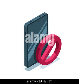 Isometrisches Smartphone mit farbigem Verbotssymbol auf weißem Hintergrund, gesperrtem Telefon oder Verbot der Verwendung eines Telefons Stock Vektor