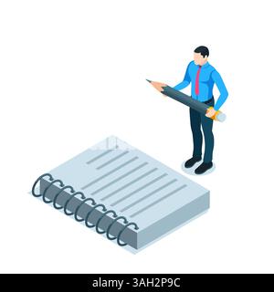 Isometrischer Geschäftsmann mit Bleistift in der Nähe eines farbigen Notizblocks auf weißem Hintergrund, Notizen machen oder Tagebuch führen Stock Vektor