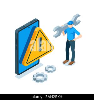 Isometrischer Mann mit einem Schraubenschlüssel in der Nähe eines nicht funktionierenden Smartphones in Farbe auf weißem Hintergrund, Smartphone-Servicemitarbeiter oder Gerätewartung Stock Vektor