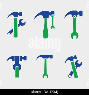 Satz Hammer- und Schlüsselausführung Stock Vektor