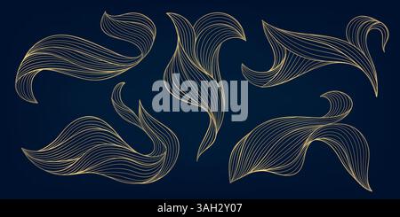 Vektorsatz von Wellenformen der Goldlinie, Kurvenfluss, Wolkendarstellungen isoliert. Blätter, wirbeln hochwertige Elemente. Elegante Muster für Design. Stock Vektor