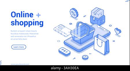 Online Shopping Marketplace Bestellung Smartphone Anwendung isometrische Web Banner Vektor Illustration. Internet-Shop Laden Markt Superma Lebensmittel Stock Vektor