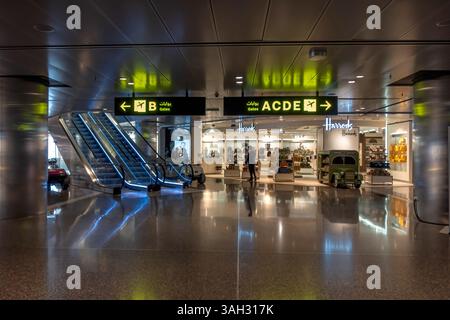 Ein fesselnder Blick bei Nacht auf den internationalen Flughafen Hamad mit seiner modernen Architektur, beleuchtet mit lebendigem Licht Stockfoto