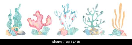 Ozean Set - Algen, Korallen und Muscheln. Bezaubernde Sammlung handgemalter Aquarellillustrationen in Pastellfarben mit zarten Texturen Stockfoto