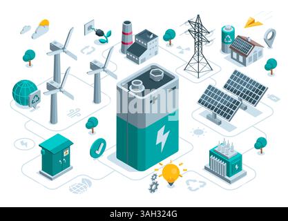 Isometrisches Konzept zum Thema saubere Energie aus Sonne und Wind in Farbe auf weißem Hintergrund, eine Batterie mit Windturbinen und Solarpaneelen, gr Stock Vektor