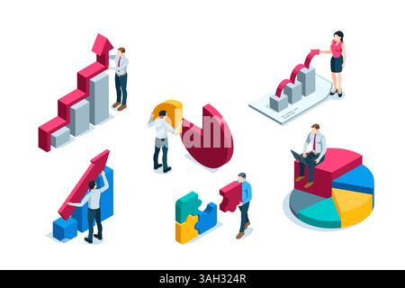 Isometrische Geschäftsleute, die mit Diagrammen arbeiten, farbig auf weißem Hintergrund, mit Statistiken oder Finanzanalysen arbeiten Stock Vektor