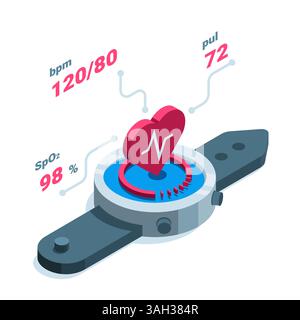Isometrische Smart-Uhr mit Herzfrequenz in Farbe auf weißem Hintergrund, Herzfrequenz oder Gesundheitszustand in der Uhr Stock Vektor