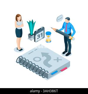 Isometrischer Mann mit Bleistift in der Nähe eines Notizbuchs mit einem Strategiediagramm und eine Frau, die es in Farbe auf weißem Hintergrund diskutiert, Büromitarbeiter W Stock Vektor