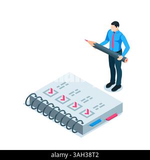 Isometrischer Geschäftsmann mit Bleistift in der Nähe von Notizblock mit Häkchen, in Farbe auf weißem Hintergrund, abgeschlossener Test oder Plan Stock Vektor