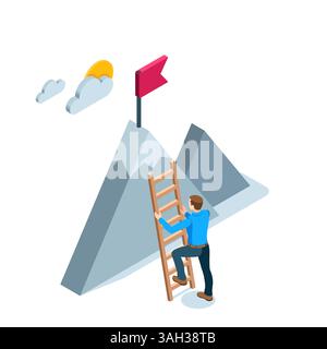 Der isometrische Mann beginnt, die Treppe zum Berg mit einer farbigen Flagge auf weißem Hintergrund zu erklimmen, um Geschäftserfolg oder den Weg zum goa zu erreichen Stock Vektor