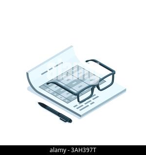 Isometrisches Blatt Papier mit Tisch und Brille, in Farbe auf weißem Hintergrund, Geschäftsattribute oder Arbeiten mit statistischen Daten Stock Vektor