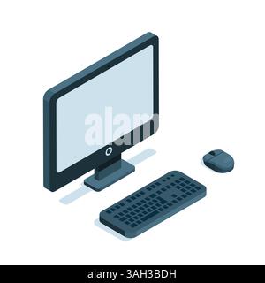 Isometrischer PC mit Tastatur und Maus, in Farbe auf weißem Hintergrund, Computerausrüstung oder Desktop-Computer Stock Vektor