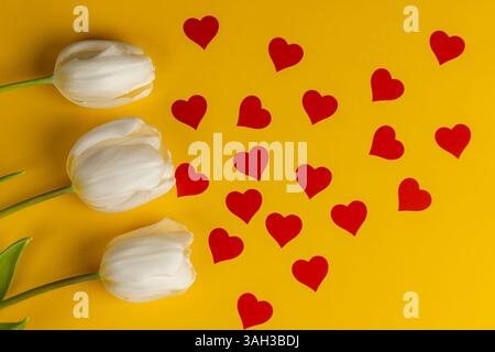 Drei schöne weiße Tulpen auf gelbem Papier mit roten Herzen, roten Herzen und weißen Tulpenblüten auf gelbem Papier, Nahaufnahme, Draufsicht Stockfoto